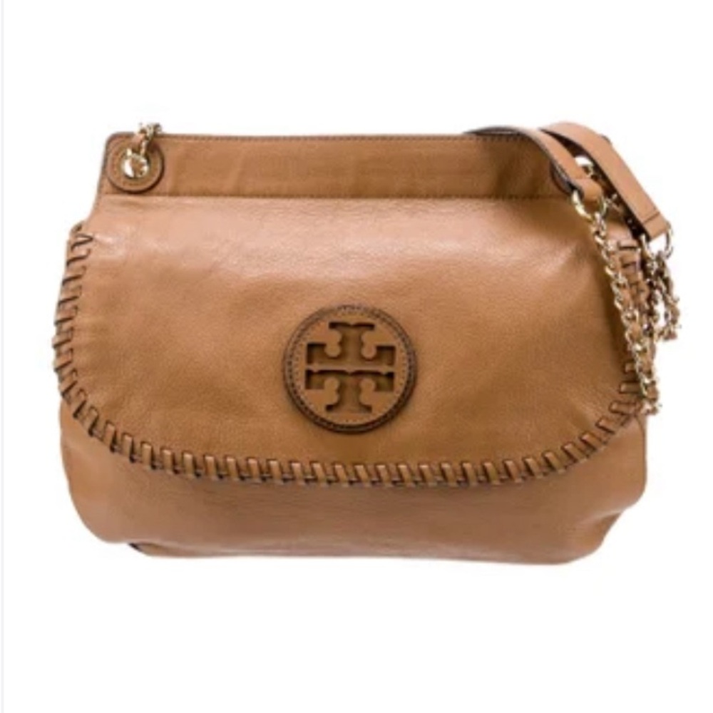 Tory Burch Authentic Leather Saddle Bag with gold-tone hardware, dual chain-link